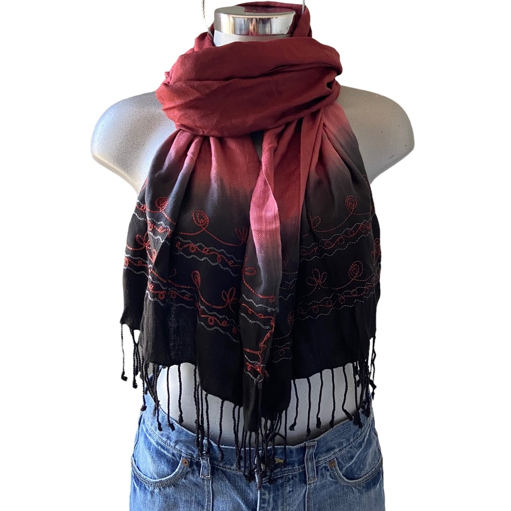 Ombré Embroidered Fringed Pashmina Scarf Ascot Head Cover Neck Wrap Red/Black OS